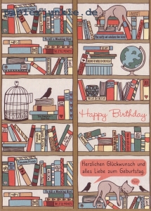 Postkarte Happy Birthday, Bücherregal