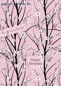 Postkarte Gutschein Kirschblüte auf Rosa, Happy Birthday